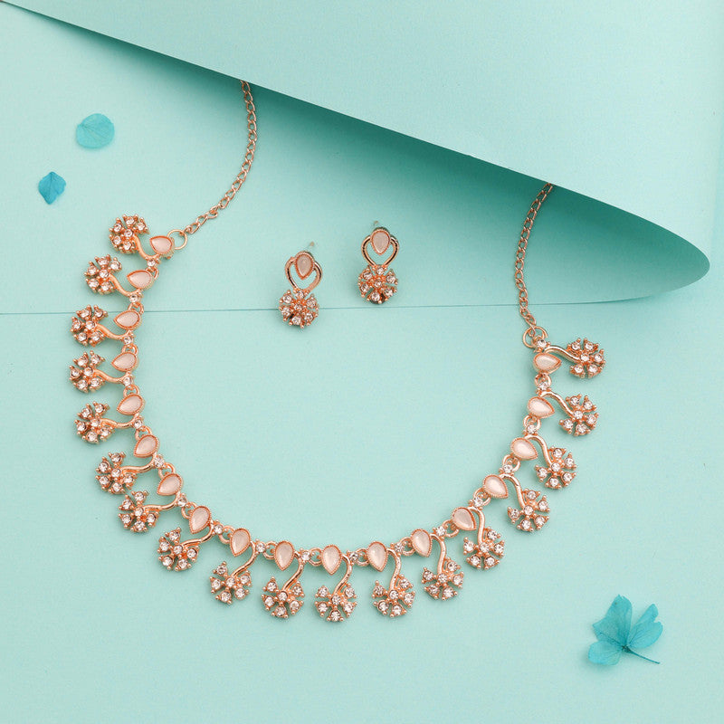 Tehzeeb Creations Rose Gold-Polished White Choker Necklace With Dangle Earrings | Grocsy