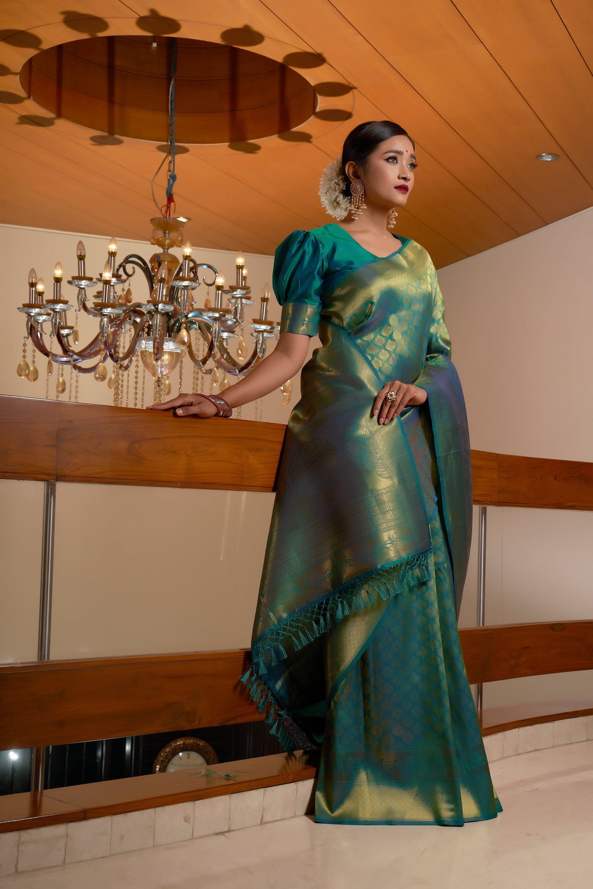Vardha Pine Green Golden Zari Kanjeevaram Silk Saree | Grocsy