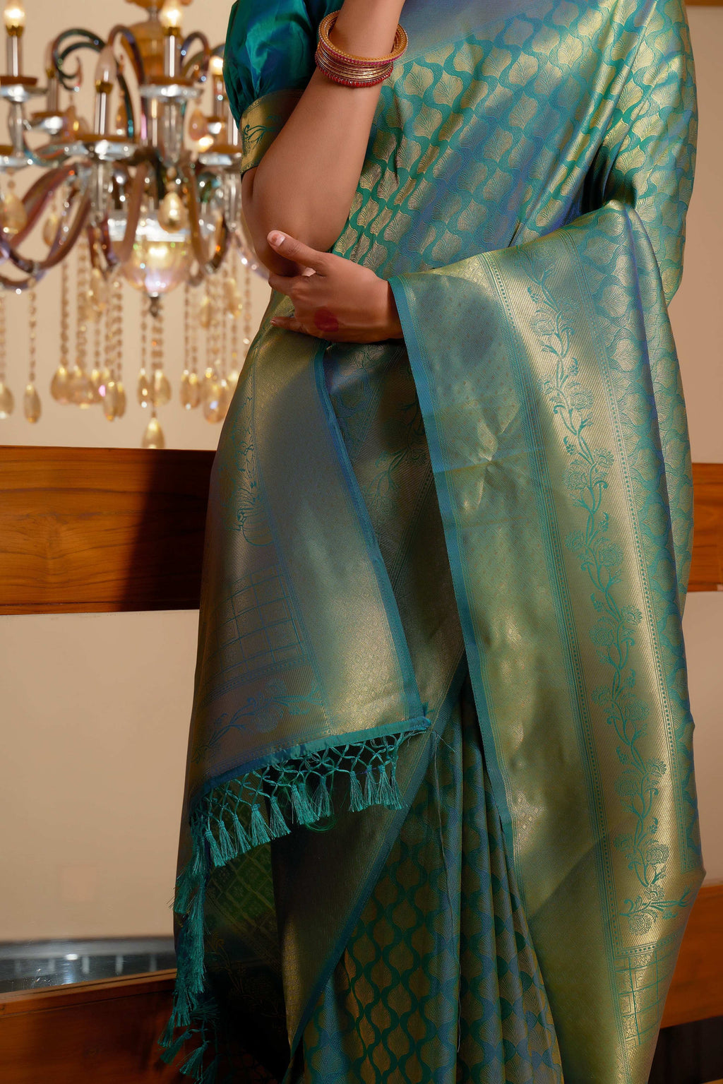 Vardha Pine Green Golden Zari Kanjeevaram Silk Saree | Grocsy