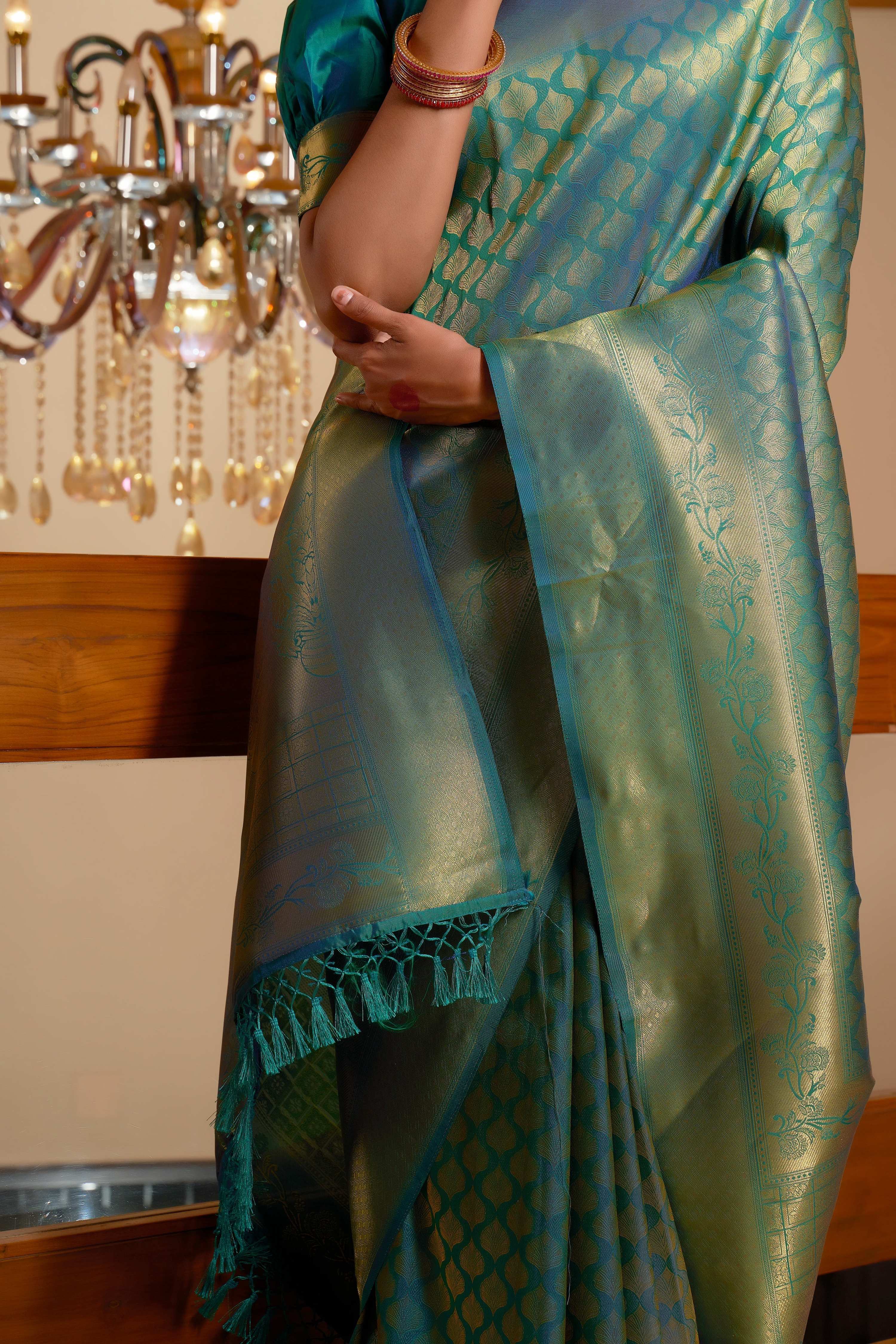 Vardha Pine Green Golden Zari Kanjeevaram Silk Saree | Grocsy