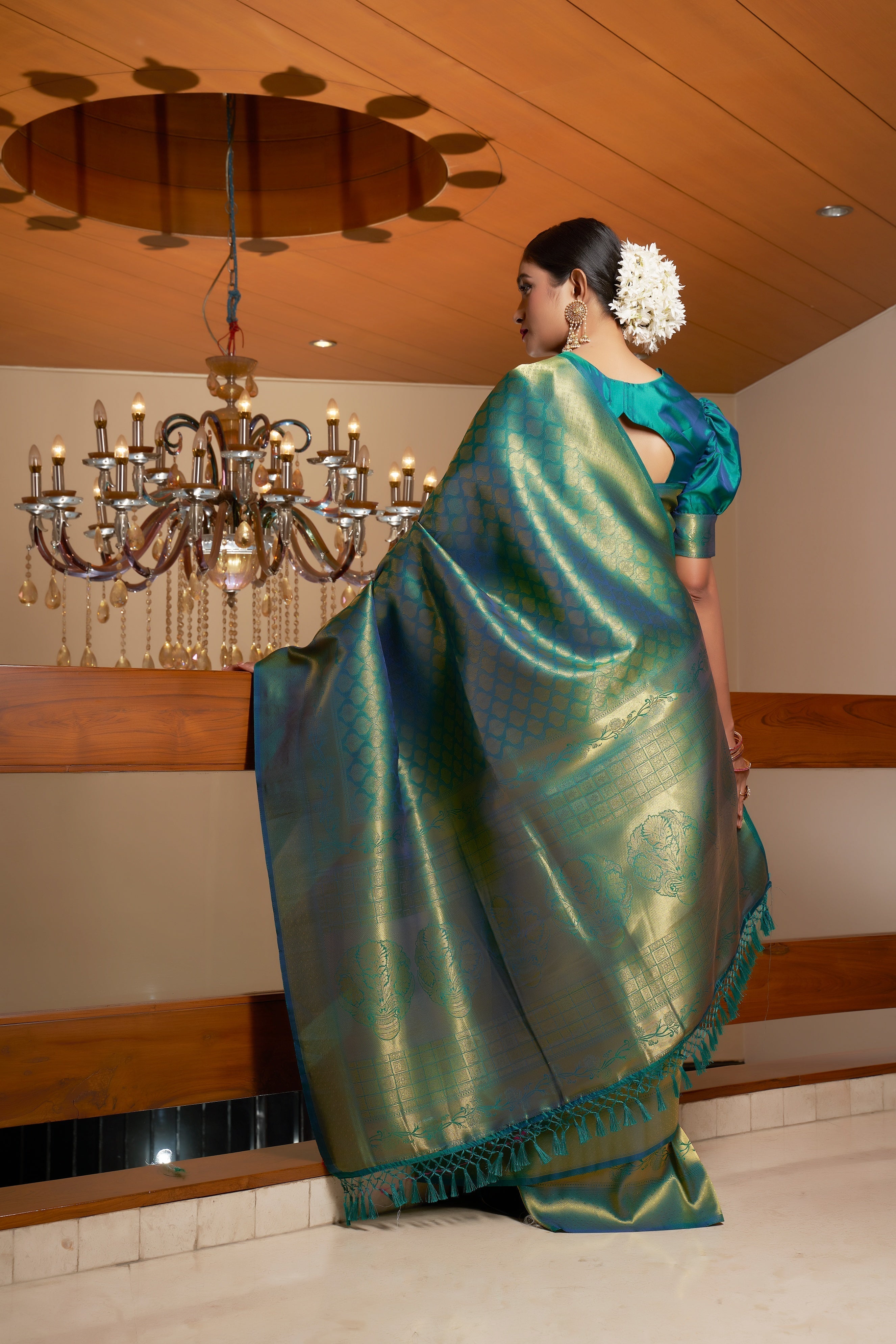 Vardha Pine Green Golden Zari Kanjeevaram Silk Saree | Grocsy