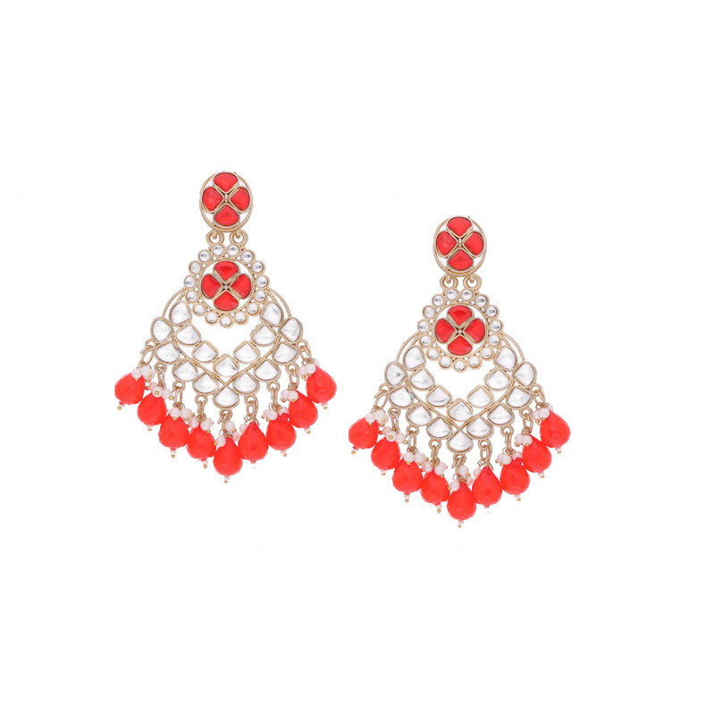 Tehzeeb Creations Gold Polish Kundan Red Colour Earrings | Grocsy