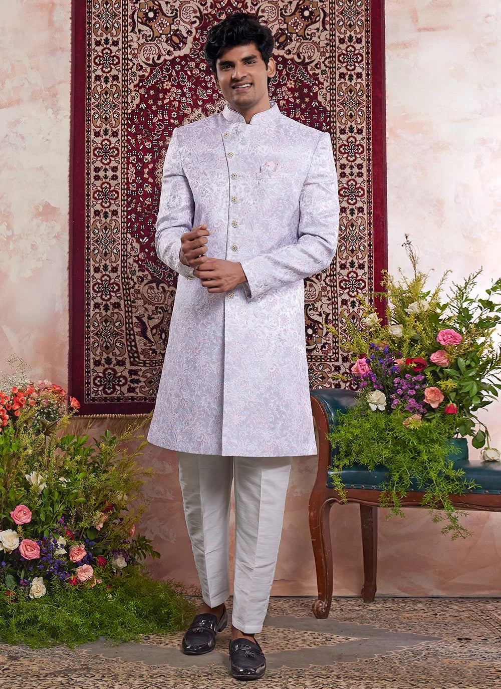 Raivat Ethnic Banarasi Jacquard Embroidery Indo Western Sherwani In Blue Colour | Grocsy