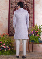 Raivat Ethnic Banarasi Jacquard Embroidery Indo Western Sherwani In Blue Colour | Grocsy
