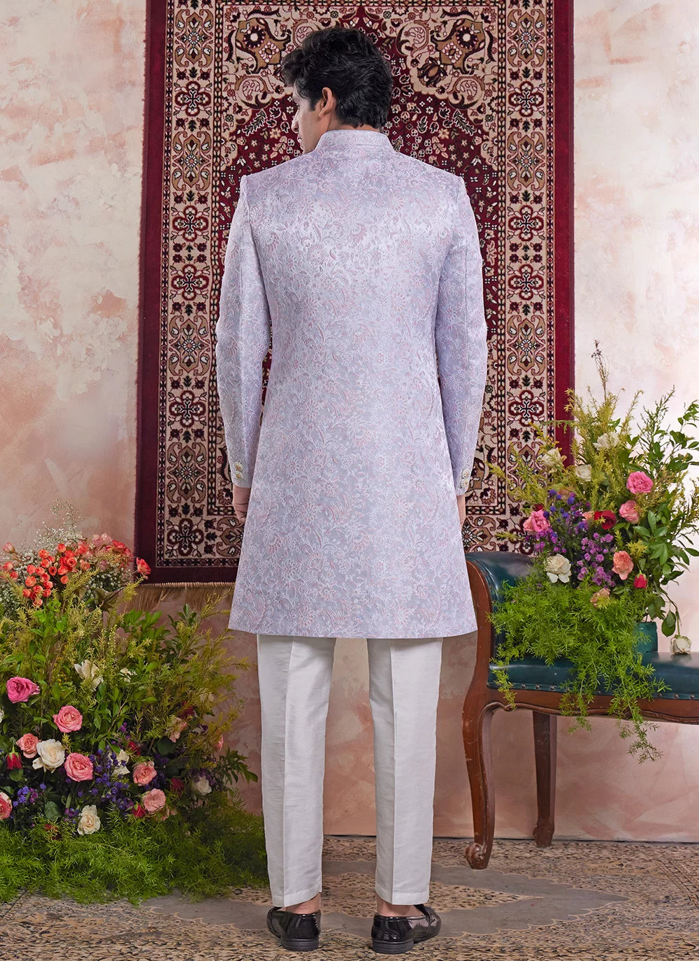 Raivat Ethnic Banarasi Jacquard Embroidery Indo Western Sherwani In Blue Colour | Grocsy