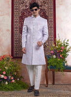 Raivat Ethnic Banarasi Jacquard Embroidery Indo Western Sherwani In Blue Colour | Grocsy