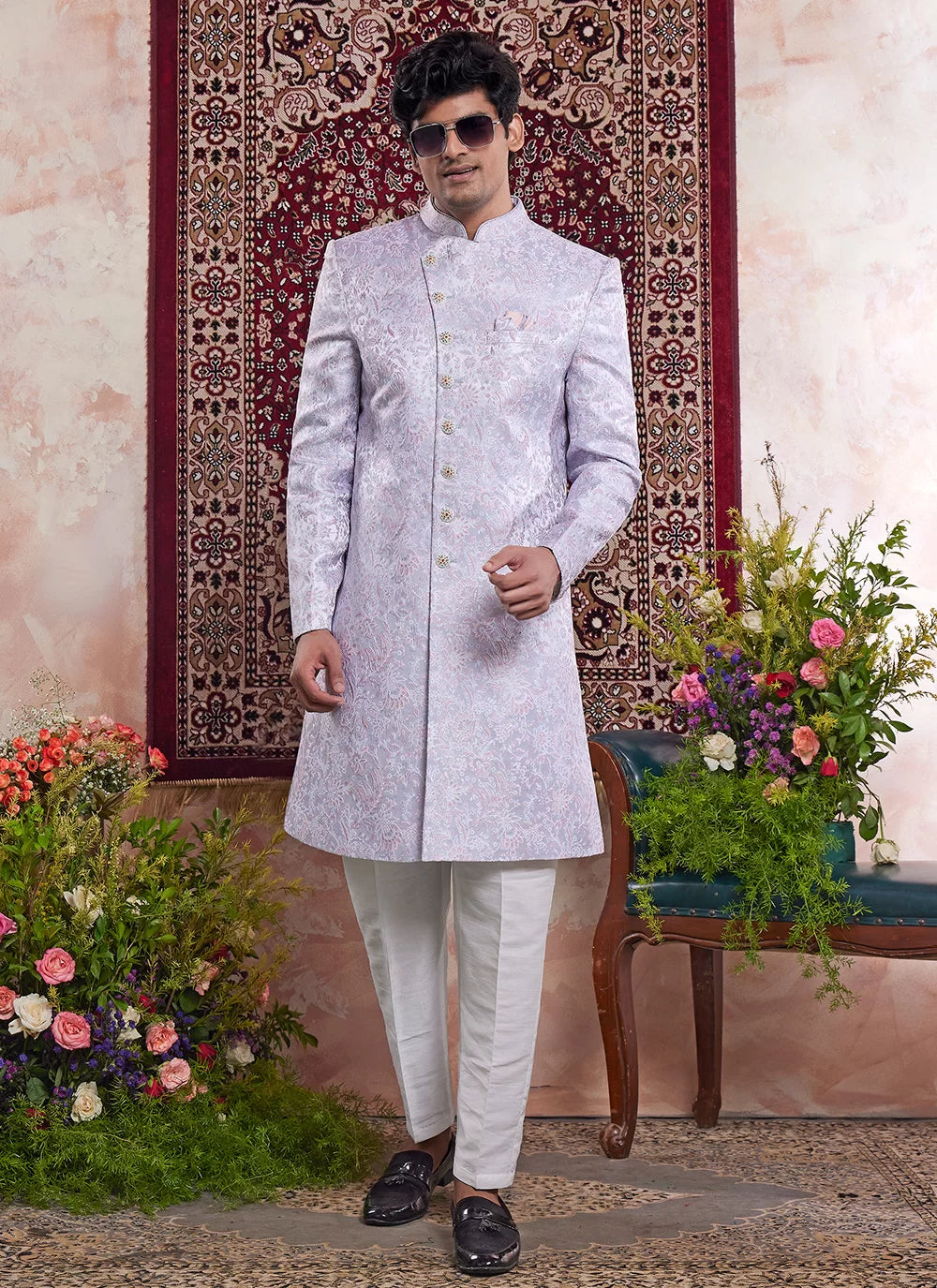 Raivat Ethnic Banarasi Jacquard Embroidery Indo Western Sherwani In Blue Colour | Grocsy