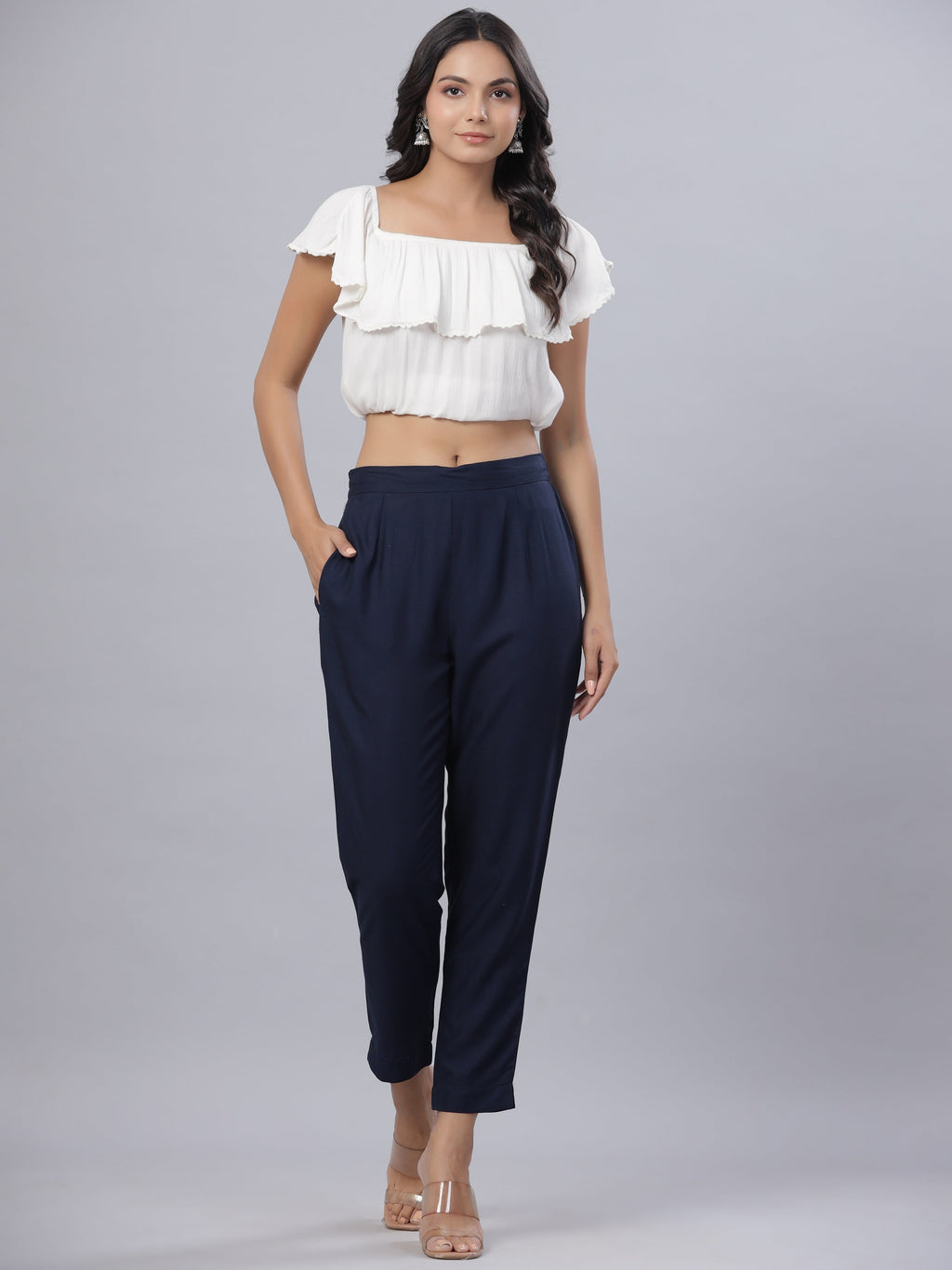 Juniper Navy Soild Liva Rayon Pants With A Pocket | Grocsy