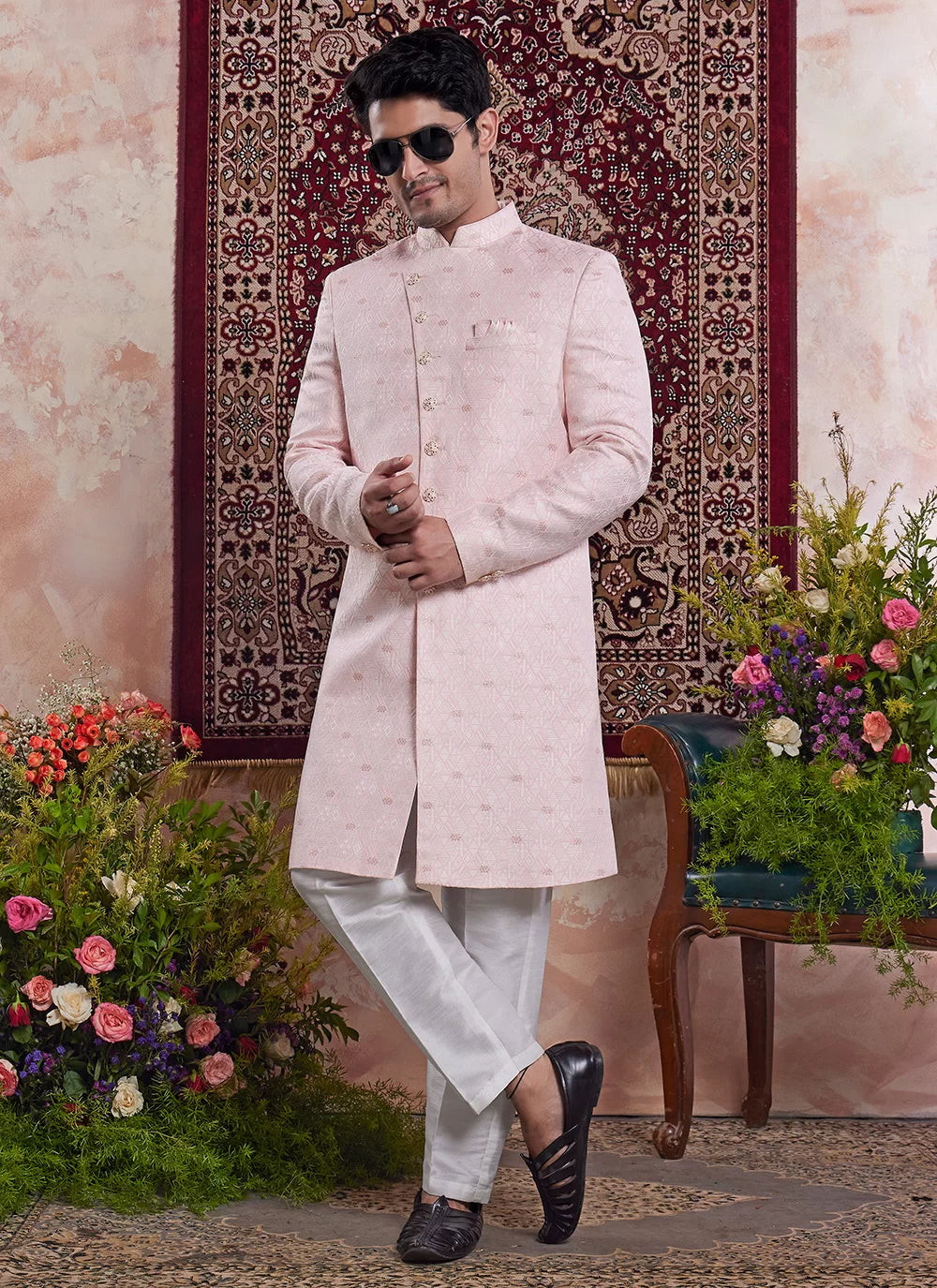 Raivat Ethnic Banarasi Jacquard Embroidery Indo Western Sherwani In Pink Colour | Grocsy