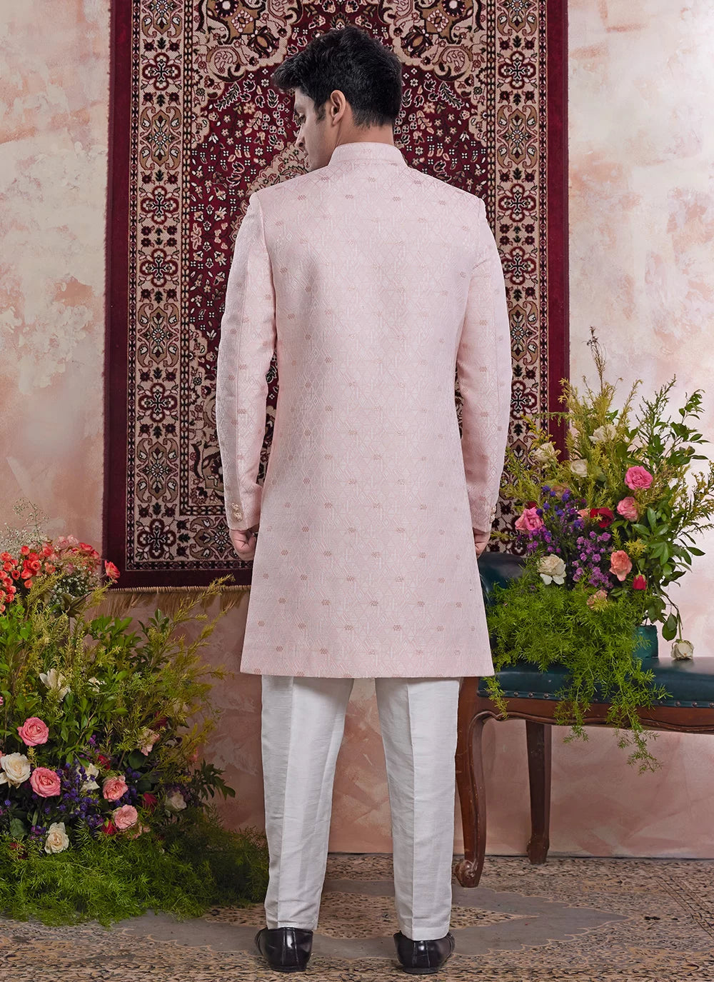Raivat Ethnic Banarasi Jacquard Embroidery Indo Western Sherwani In Pink Colour | Grocsy
