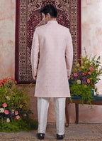 Raivat Ethnic Banarasi Jacquard Embroidery Indo Western Sherwani In Pink Colour | Grocsy