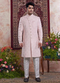 Raivat Ethnic Banarasi Jacquard Embroidery Indo Western Sherwani In Pink Colour | Grocsy