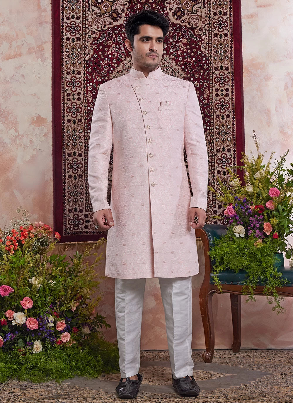 Raivat Ethnic Banarasi Jacquard Embroidery Indo Western Sherwani In Pink Colour | Grocsy
