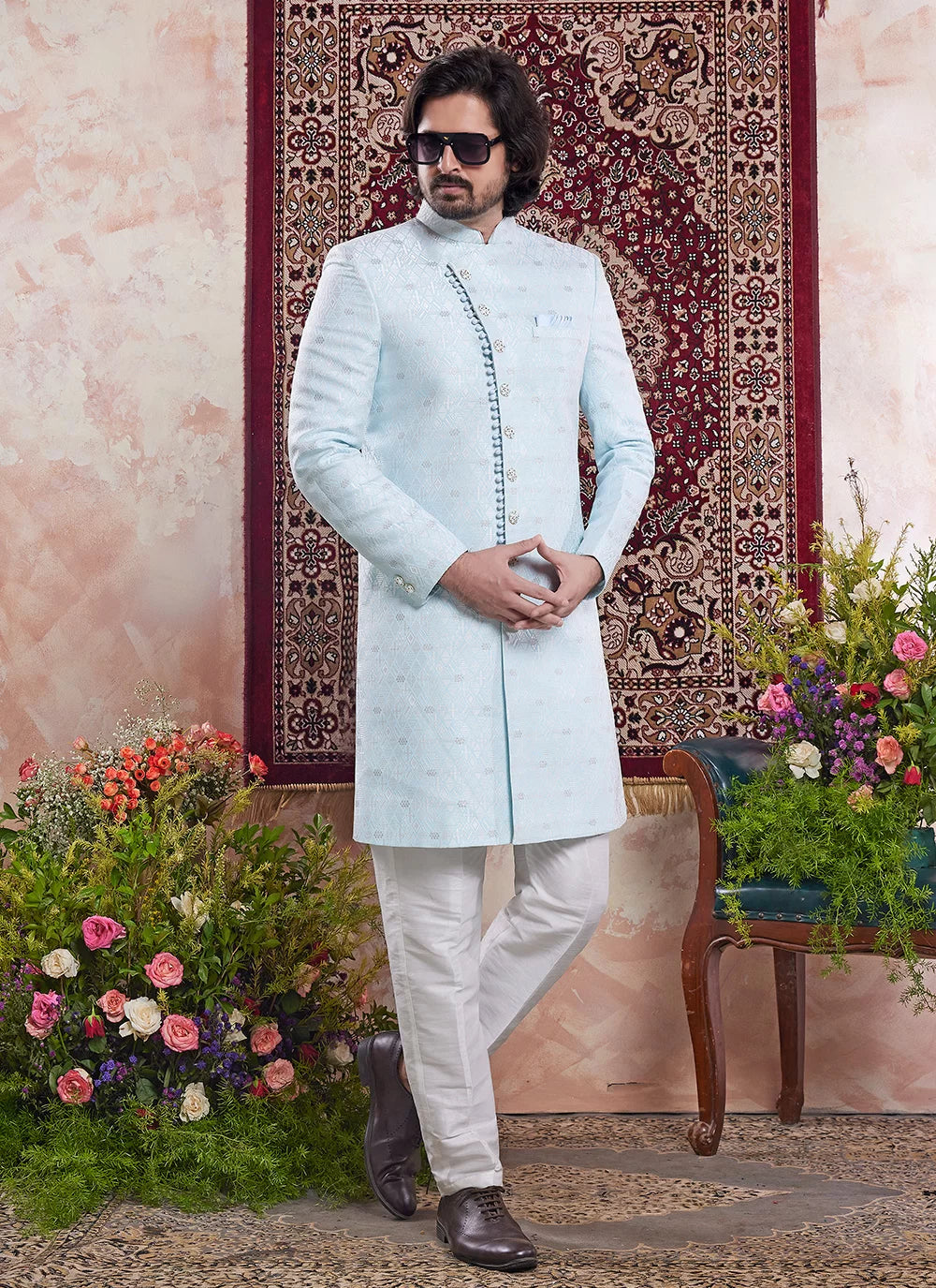 Raivat Ethnic Banarasi Jacquard Embroidery Indo Western Sherwani In Sky Blue Colour | Grocsy