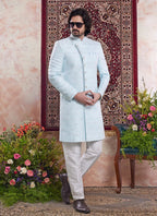 Raivat Ethnic Banarasi Jacquard Embroidery Indo Western Sherwani In Sky Blue Colour | Grocsy