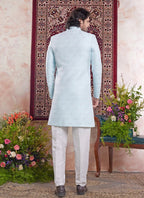 Raivat Ethnic Banarasi Jacquard Embroidery Indo Western Sherwani In Sky Blue Colour | Grocsy
