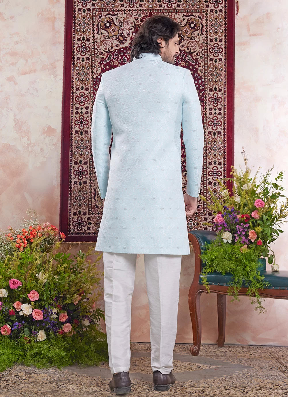Raivat Ethnic Banarasi Jacquard Embroidery Indo Western Sherwani In Sky Blue Colour | Grocsy
