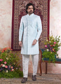 Raivat Ethnic Banarasi Jacquard Embroidery Indo Western Sherwani In Sky Blue Colour | Grocsy