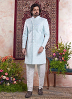 Raivat Ethnic Banarasi Jacquard Embroidery Indo Western Sherwani In Sky Blue Colour | Grocsy
