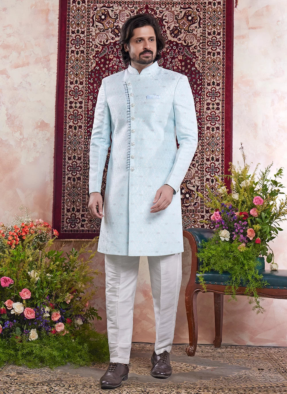 Raivat Ethnic Banarasi Jacquard Embroidery Indo Western Sherwani In Sky Blue Colour | Grocsy