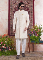 Raivat Ethnic Banarasi Jacquard Embroidery Indo Western Sherwani In Yellow Colour | Grocsy