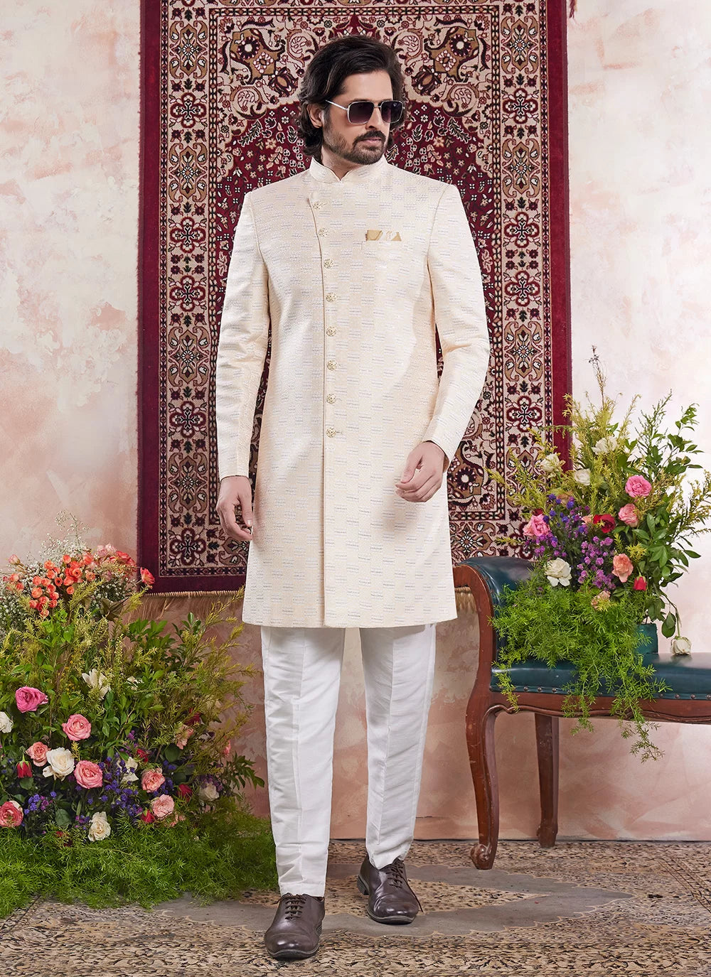 Raivat Ethnic Banarasi Jacquard Embroidery Indo Western Sherwani In Yellow Colour | Grocsy