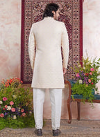 Raivat Ethnic Banarasi Jacquard Embroidery Indo Western Sherwani In Yellow Colour | Grocsy