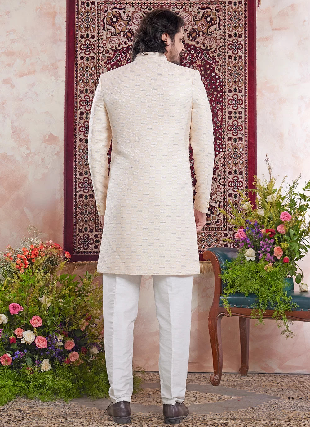 Raivat Ethnic Banarasi Jacquard Embroidery Indo Western Sherwani In Yellow Colour | Grocsy