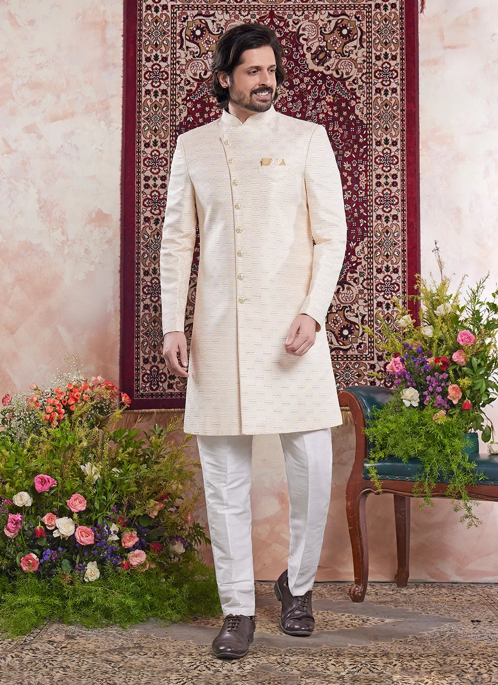 Raivat Ethnic Banarasi Jacquard Embroidery Indo Western Sherwani In Yellow Colour | Grocsy
