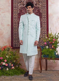 Raivat Ethnic Banarasi Jacquard Embroidery Indo Western Sherwani In Green Colour | Grocsy