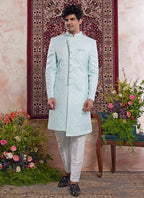 Raivat Ethnic Banarasi Jacquard Embroidery Indo Western Sherwani In Green Colour | Grocsy