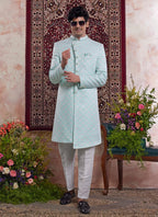 Raivat Ethnic Banarasi Jacquard Embroidery Indo Western Sherwani In Green Colour | Grocsy