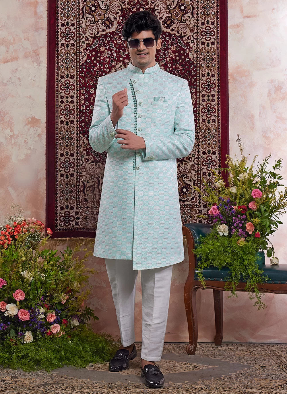 Raivat Ethnic Banarasi Jacquard Embroidery Indo Western Sherwani In Green Colour | Grocsy