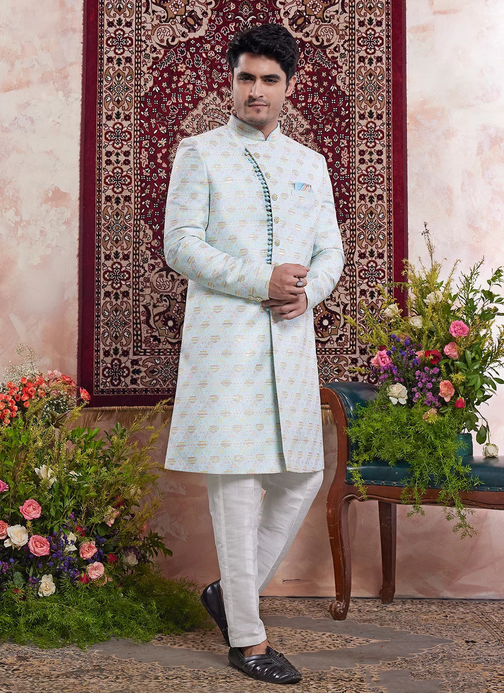 Raivat Ethnic Banarasi Jacquard Embroidery Indo Western Sherwani In Blue Colour | Grocsy