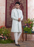 Raivat Ethnic Banarasi Jacquard Embroidery Indo Western Sherwani In Blue Colour | Grocsy