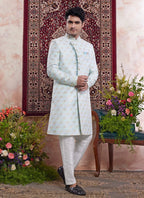 Raivat Ethnic Banarasi Jacquard Embroidery Indo Western Sherwani In Blue Colour | Grocsy