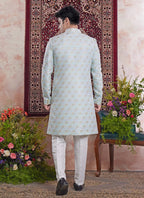 Raivat Ethnic Banarasi Jacquard Embroidery Indo Western Sherwani In Blue Colour | Grocsy