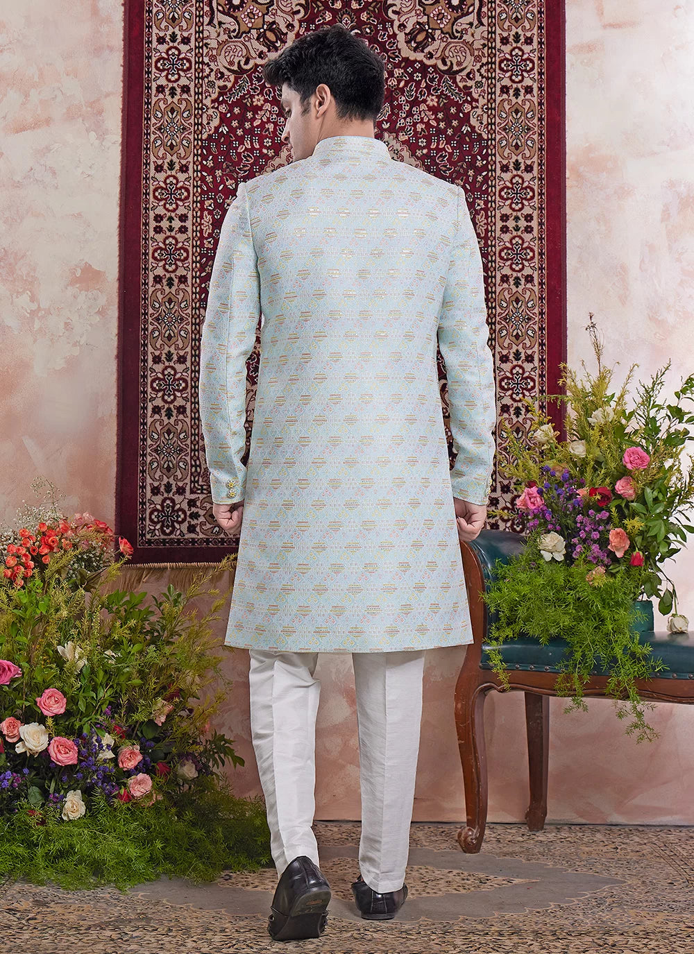 Raivat Ethnic Banarasi Jacquard Embroidery Indo Western Sherwani In Blue Colour | Grocsy