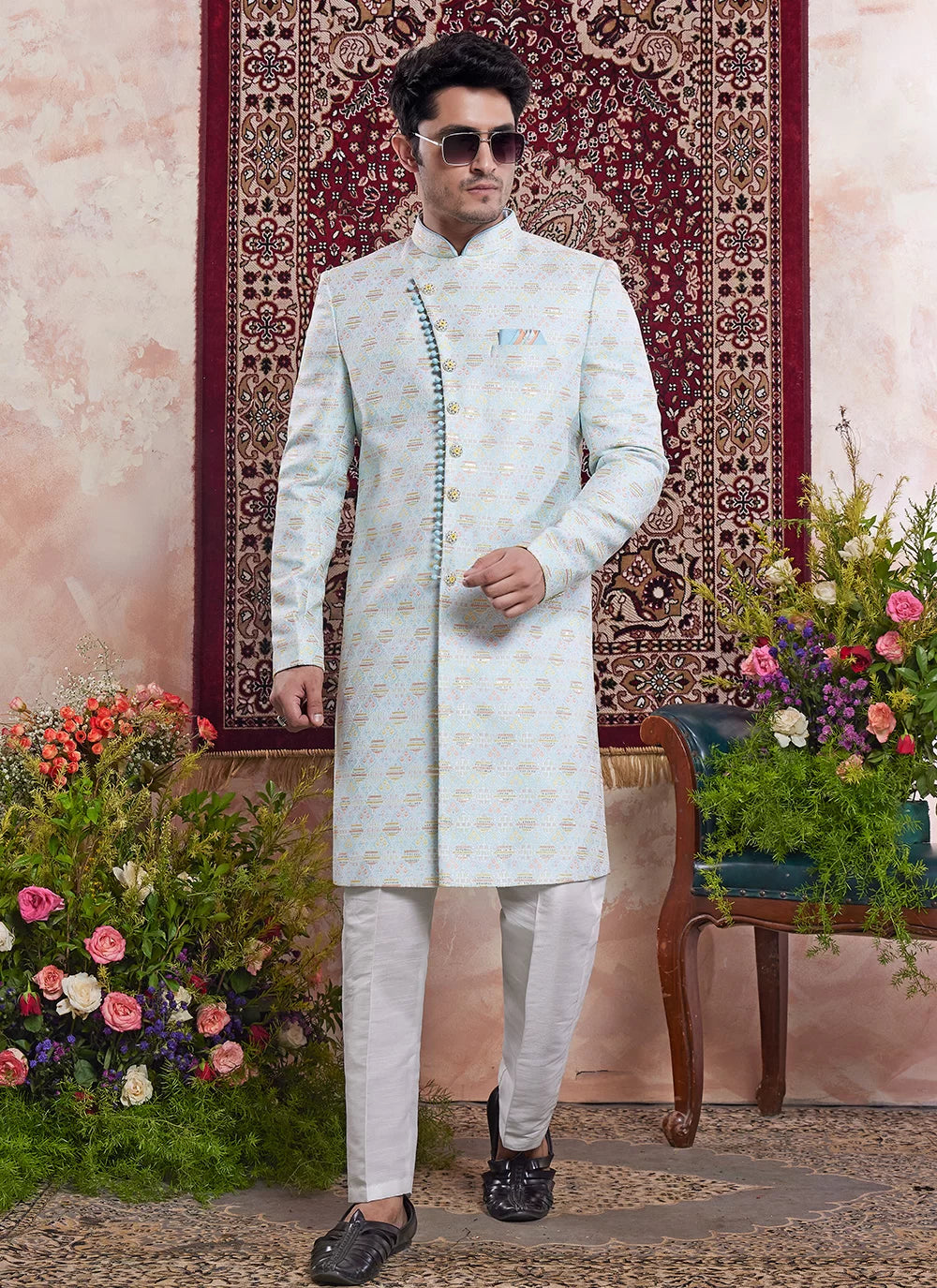 Raivat Ethnic Banarasi Jacquard Embroidery Indo Western Sherwani In Blue Colour | Grocsy