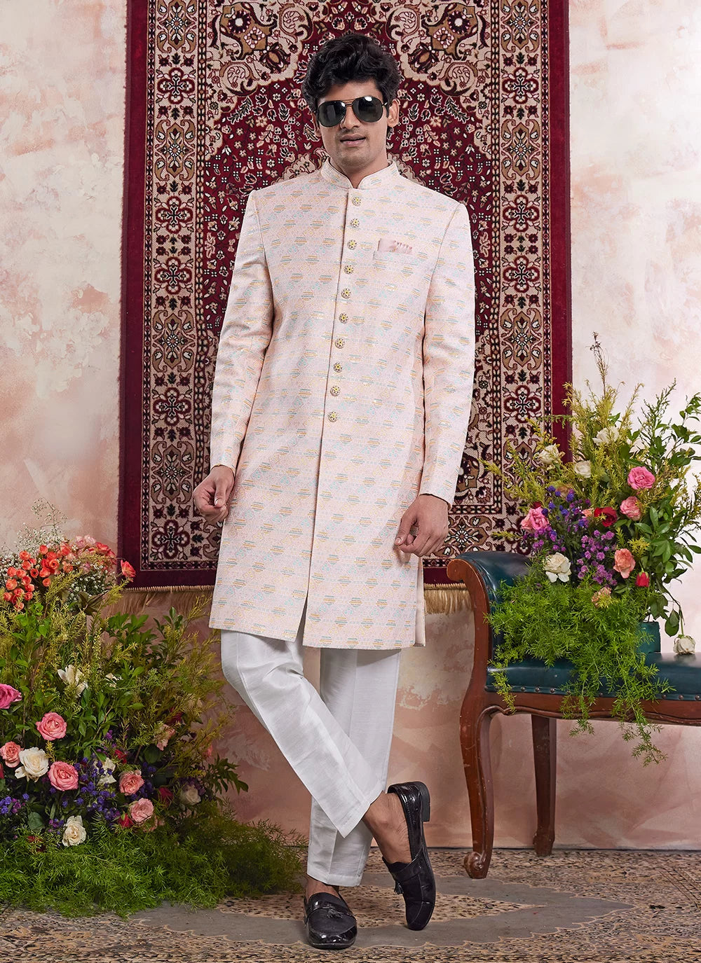 Raivat Ethnic Banarasi Jacquard Embroidery Indo Western Sherwani In Light Orange Colour | Grocsy