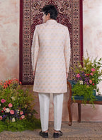 Raivat Ethnic Banarasi Jacquard Embroidery Indo Western Sherwani In Light Orange Colour | Grocsy