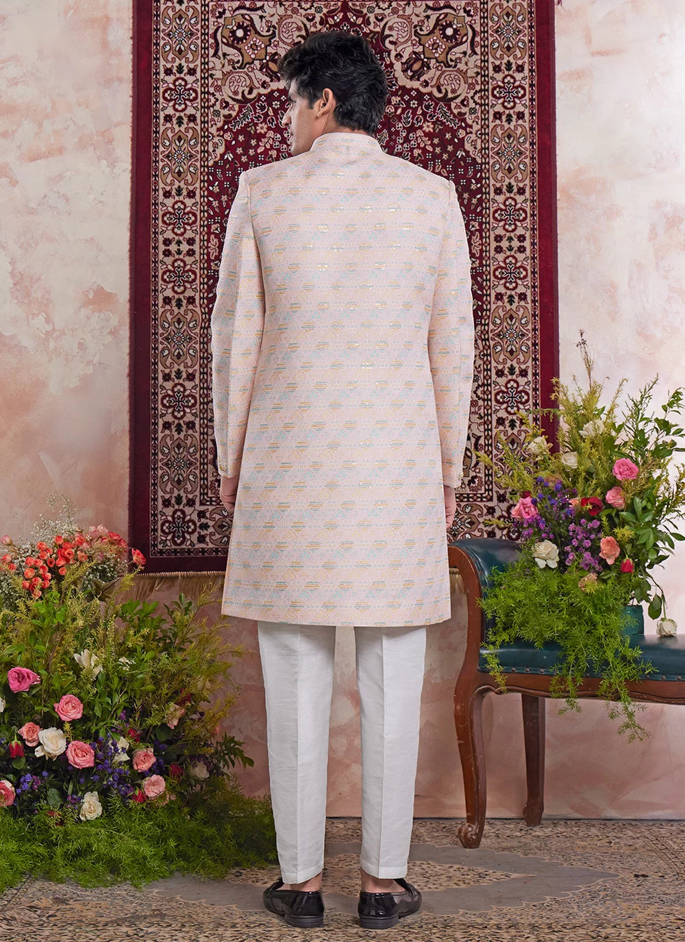 Raivat Ethnic Banarasi Jacquard Embroidery Indo Western Sherwani In Light Orange Colour | Grocsy