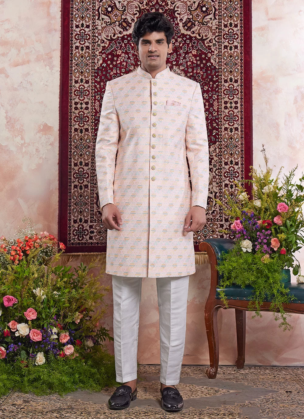 Raivat Ethnic Banarasi Jacquard Embroidery Indo Western Sherwani In Light Orange Colour | Grocsy