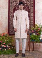 Raivat Ethnic Banarasi Jacquard Embroidery Indo Western Sherwani In Light Orange Colour | Grocsy