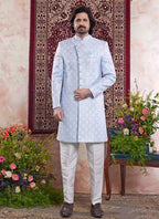 Raivat Ethnic Banarasi Jacquard Embroidery Indo Western Sherwani In Blue Colour | Grocsy
