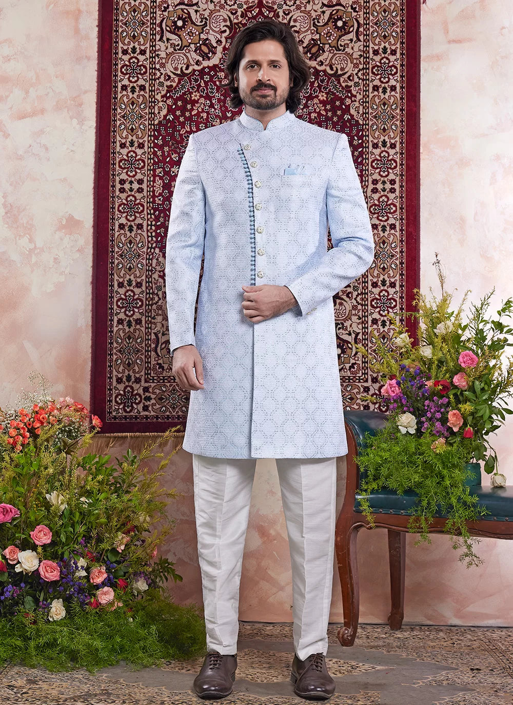 Raivat Ethnic Banarasi Jacquard Embroidery Indo Western Sherwani In Blue Colour | Grocsy