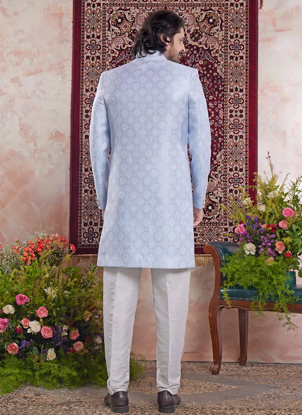 Raivat Ethnic Banarasi Jacquard Embroidery Indo Western Sherwani In Blue Colour | Grocsy