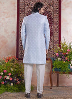 Raivat Ethnic Banarasi Jacquard Embroidery Indo Western Sherwani In Blue Colour | Grocsy