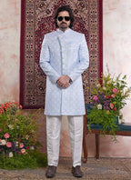 Raivat Ethnic Banarasi Jacquard Embroidery Indo Western Sherwani In Blue Colour | Grocsy