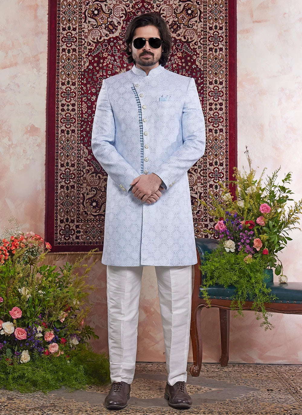 Raivat Ethnic Banarasi Jacquard Embroidery Indo Western Sherwani In Blue Colour | Grocsy